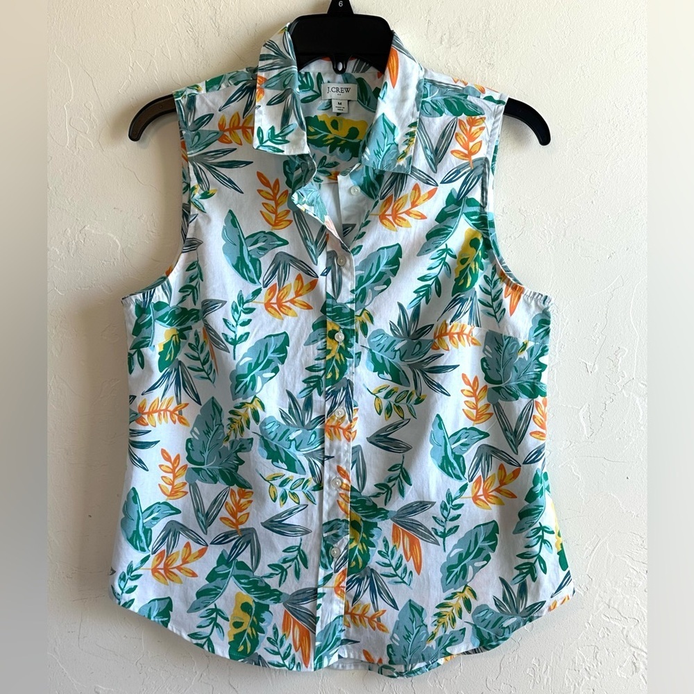 J. Crew Tropical Green Leaf Print White Sleeveless Button Up Casual Shirt Sz M